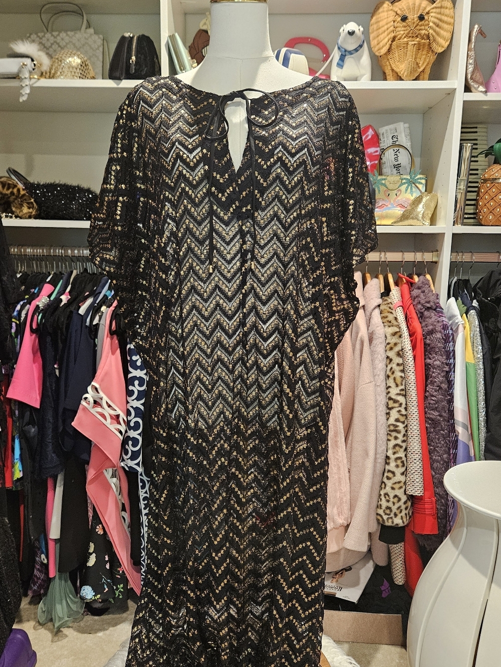 Trina Turk Black Chevron Lace Maxi Caftan/swimsuit Coverall with Tie Neck